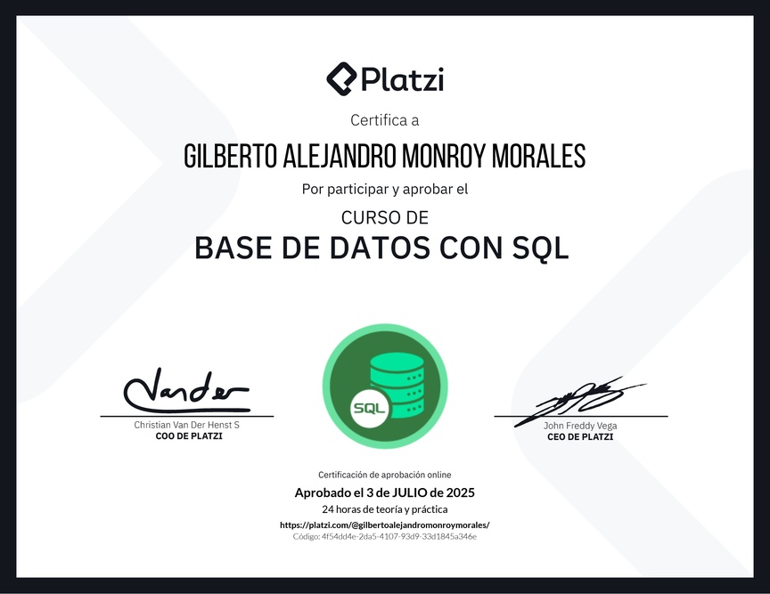 Imagen del certificado Curso de Bases de Datos con SQL