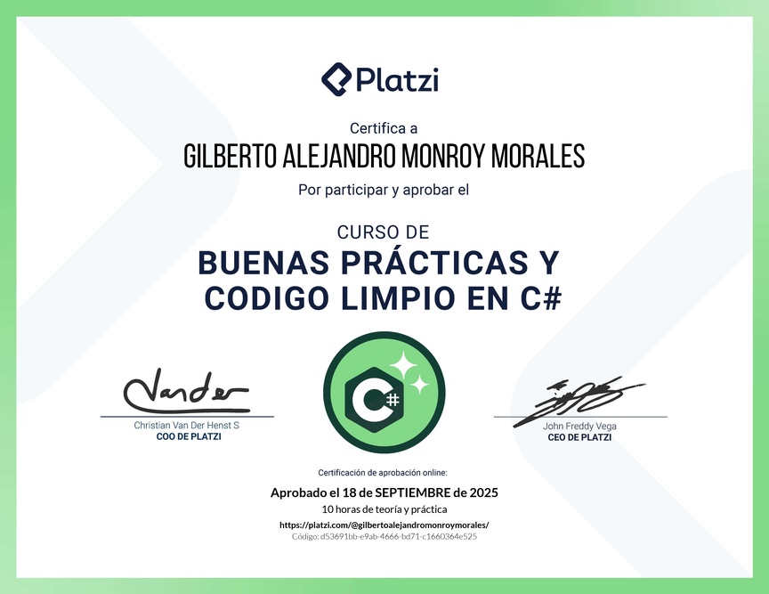 Imagen del certificado Curso de Buenas Prácticas y Código Limpio en C#